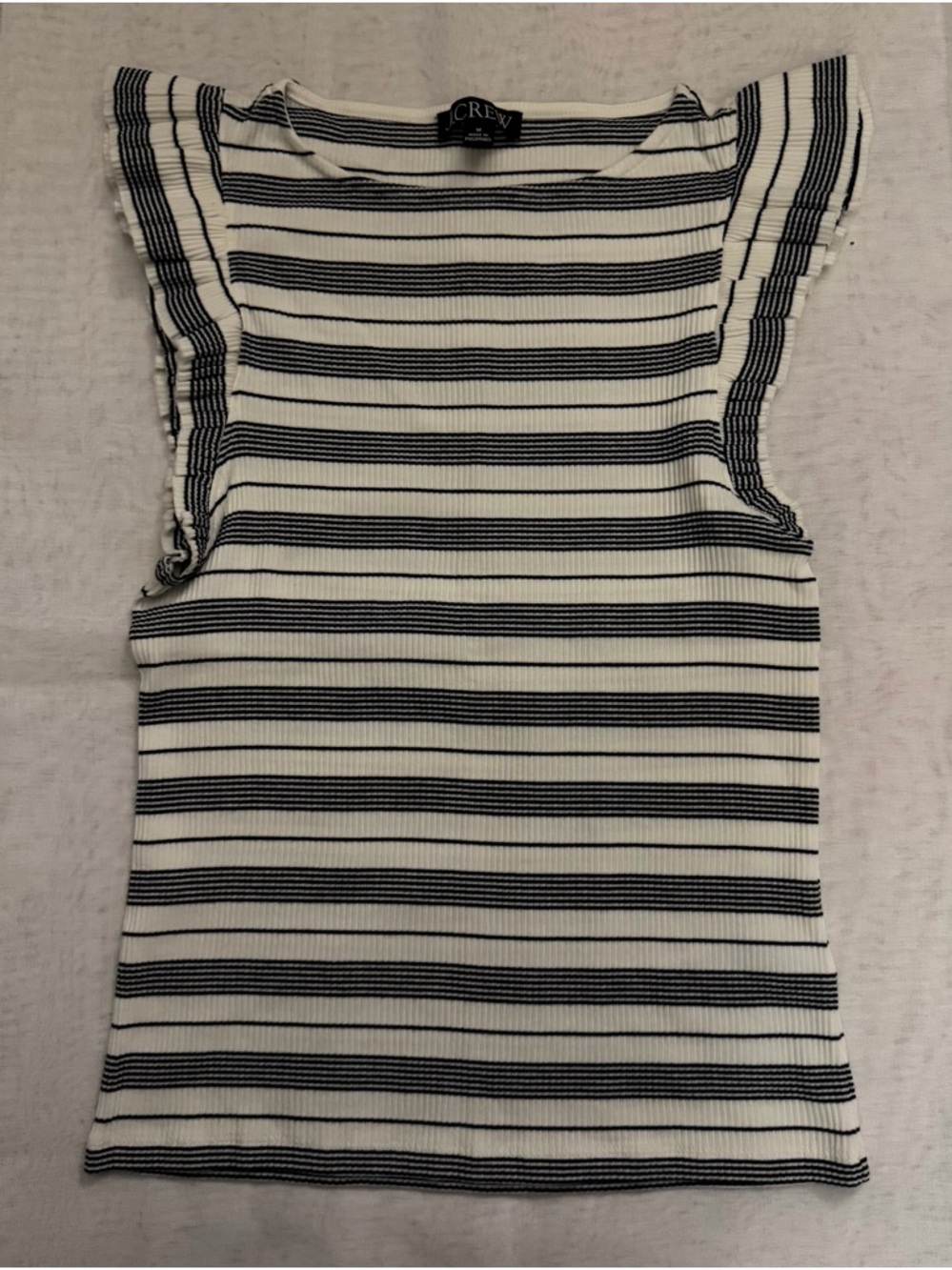 J. Crew White and Black Striped Ruffle Sleeveless Top